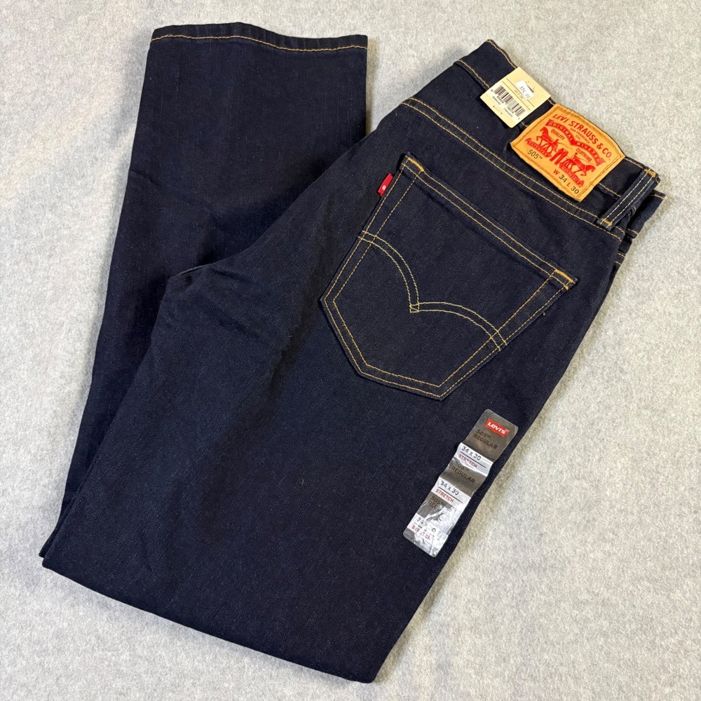 Levi 505 Regular Fit Stretch Jeans Mens 34x30 Dark Wash Indigo Straight Leg NEW